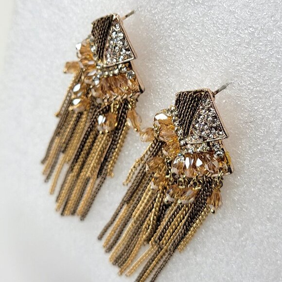 Tiered Gold Tone Long Tassel Earrings - Picture 4 of 8